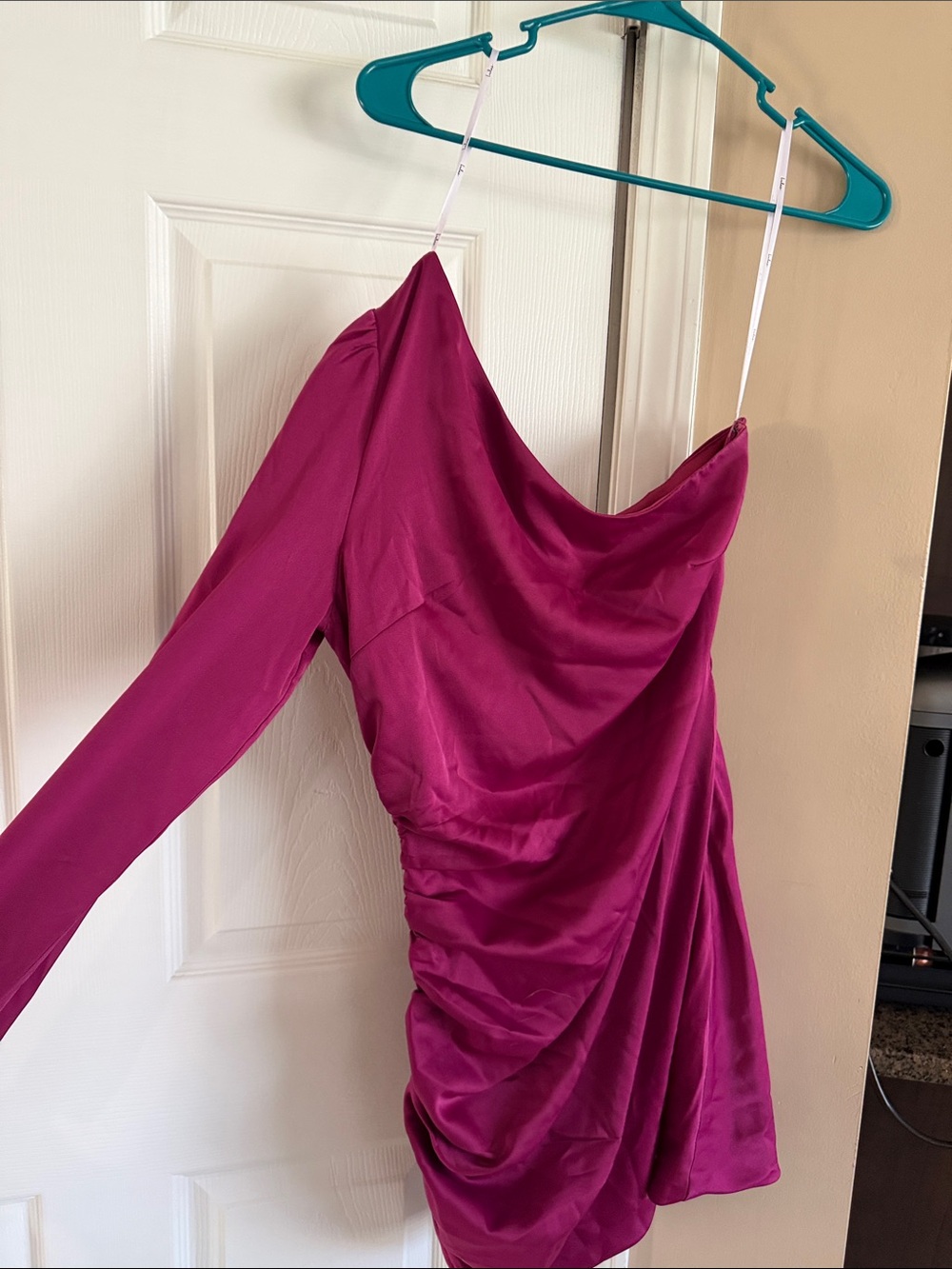 Lulu's One-Shoulder Fuchsia Satin Mini Dress